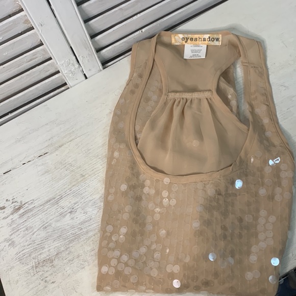 T15 Eyeshadow tan ecru with clear large sequins tank racer back with pleats sz M - Picture 11 of 12